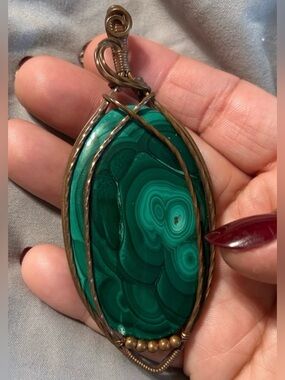 Handcrafted Copper Wire Wrapped Malachite Pendant in Green